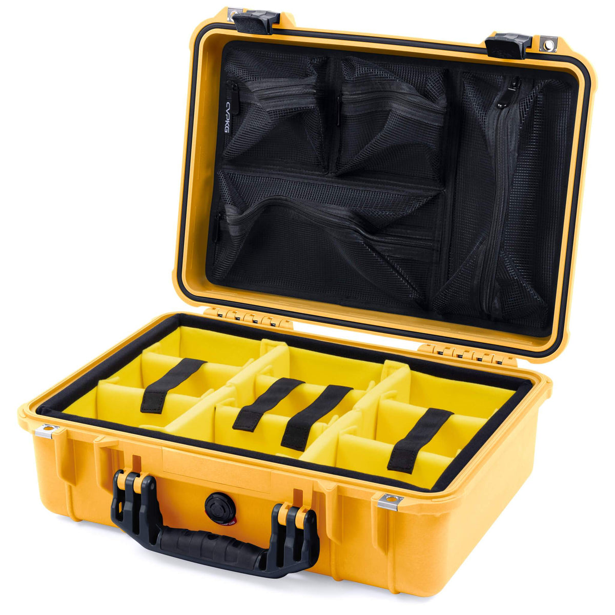 Pelican 1500 Case, Yellow with Black Handle &amp; Latches Yellow Padded Microfiber Dividers with Mesh Lid Organizer ColorCase 015000-0110-240-110