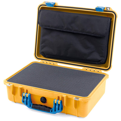 Pelican 1500 Case, Yellow with Blue Handle & Latches Pick & Pluck Foam with Computer Pouch ColorCase 015000-0201-240-120