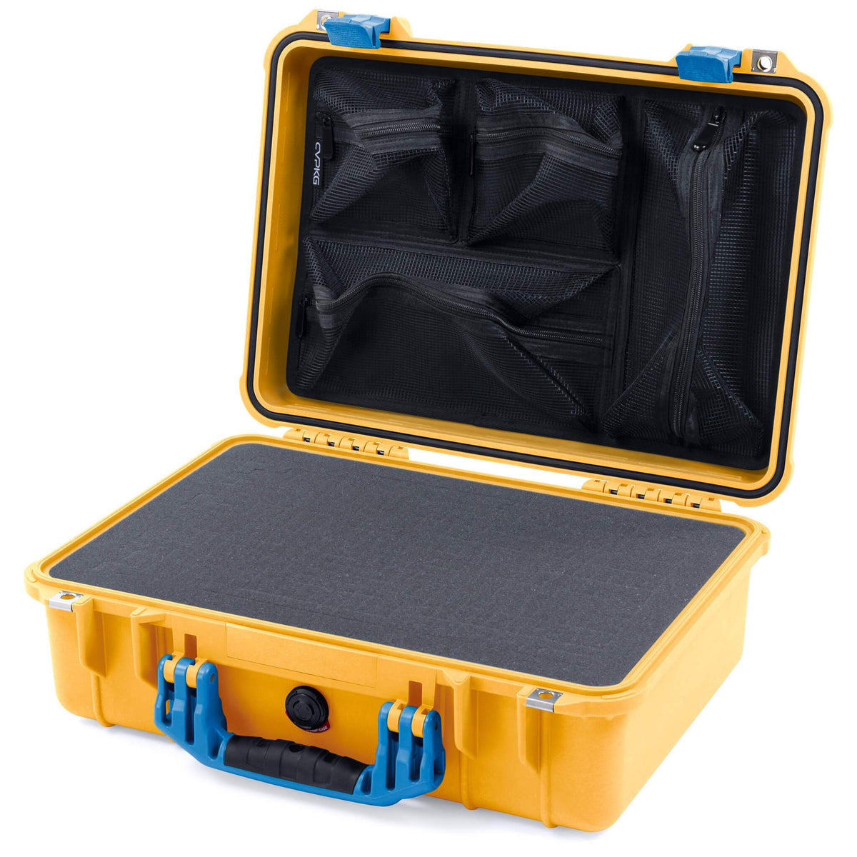 Pelican 1500 Case, Yellow with Blue Handle &amp; Latches Pick &amp; Pluck Foam with Mesh Lid Organizer ColorCase 015000-0101-240-120