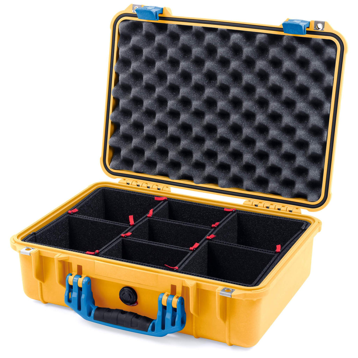 Pelican 1500 Case, Yellow with Blue Handle &amp; Latches TrekPak Divider System with Convolute Lid Foam ColorCase 015000-0020-240-120