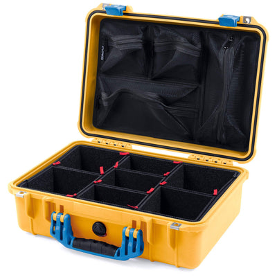Pelican 1500 Case, Yellow with Blue Handle & Latches TrekPak Divider System with Mesh Lid Organizer ColorCase 015000-0120-240-120