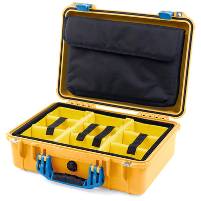 Pelican 1500 Case, Yellow with Blue Handle & Latches Yellow Padded Microfiber Dividers with Computer Pouch ColorCase 015000-0210-240-120