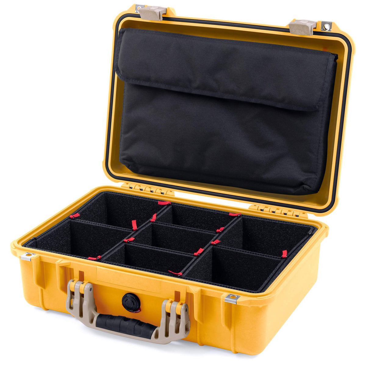 Pelican 1500 Case, Yellow with Desert Tan Handle &amp; Latches TrekPak Divider System with Computer Pouch ColorCase 015000-0220-240-310