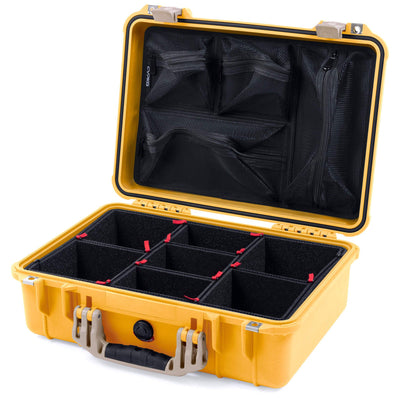 Pelican 1500 Case, Yellow with Desert Tan Handle & Latches TrekPak Divider System with Mesh Lid Organizer ColorCase 015000-0120-240-310