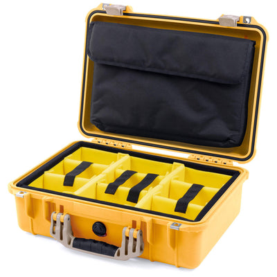 Pelican 1500 Case, Yellow with Desert Tan Handle & Latches Yellow Padded Microfiber Dividers with Computer Pouch ColorCase 015000-0210-240-310