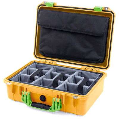 Pelican 1500 Case, Yellow with Lime Green Handle & Latches Gray Padded Microfiber Dividers with Computer Pouch ColorCase 015000-0270-240-300