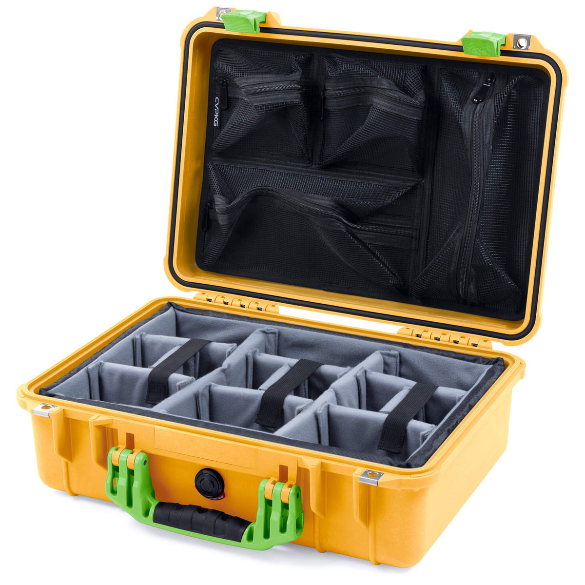 Pelican 1500 Case, Yellow with Lime Green Handle &amp; Latches Gray Padded Microfiber Dividers with Mesh Lid Organizer ColorCase 015000-0170-240-300