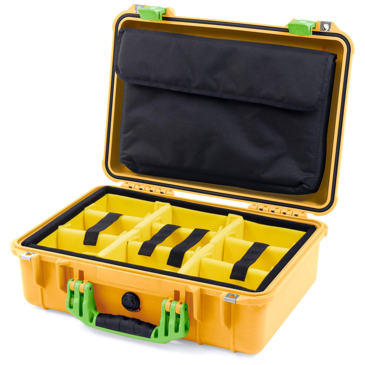 Pelican 1500 Case, Yellow with Lime Green Handle &amp; Latches Yellow Padded Microfiber Dividers with Computer Pouch ColorCase 015000-0210-240-300