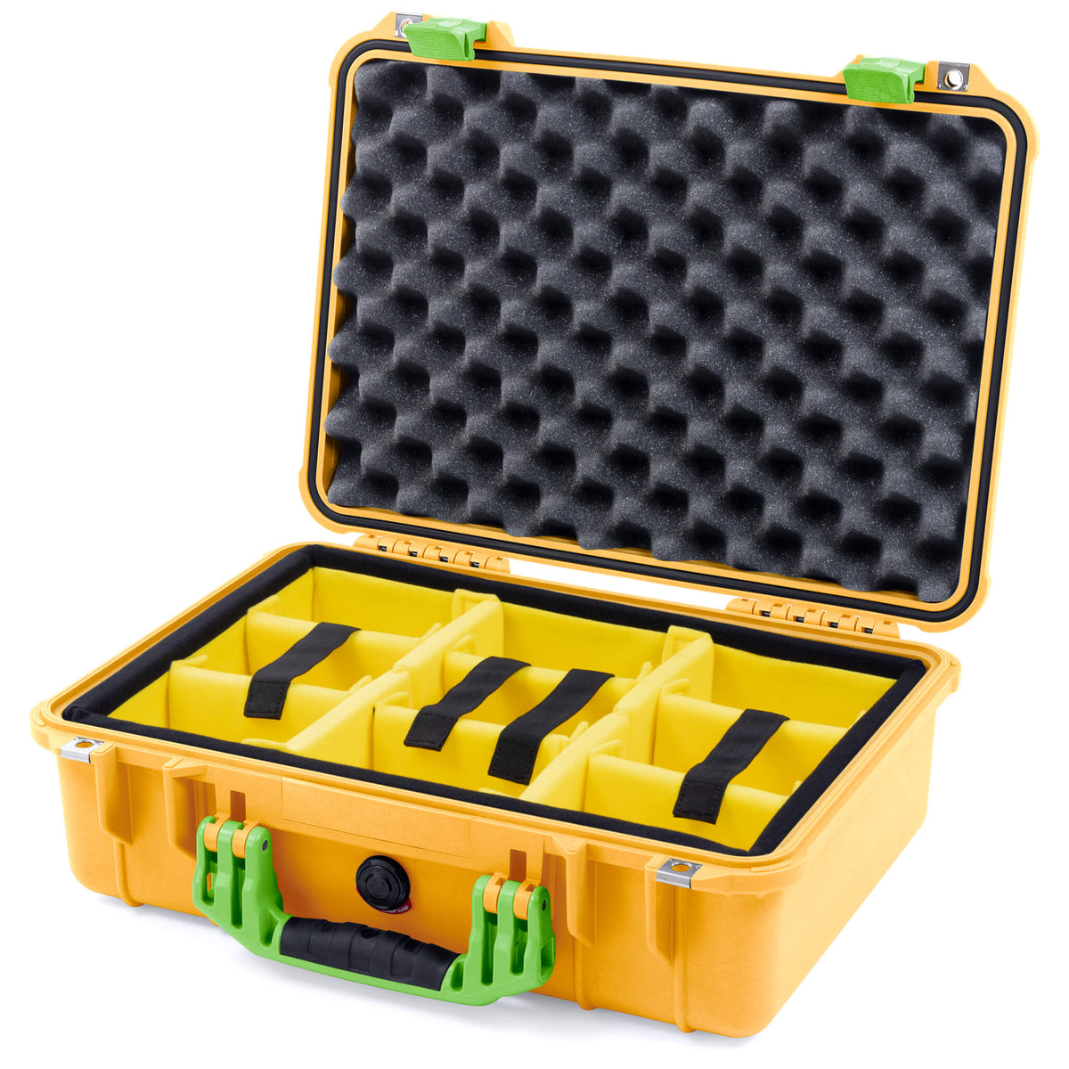 Pelican 1500 Case, Yellow with Lime Green Handle &amp; Latches Yellow Padded Microfiber Dividers with Convolute Lid Foam ColorCase 015000-0010-240-300