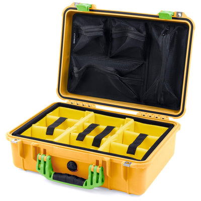 Pelican 1500 Case, Yellow with Lime Green Handle & Latches Yellow Padded Microfiber Dividers with Mesh Lid Organizer ColorCase 015000-0110-240-300