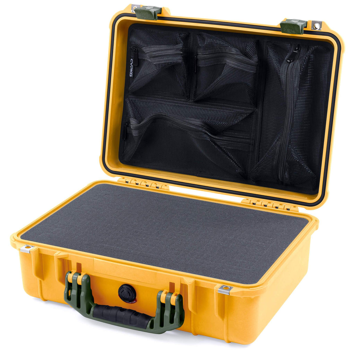Pelican 1500 Case, Yellow with OD Green Handle &amp; Latches Pick &amp; Pluck Foam with Mesh Lid Organizer ColorCase 015000-0101-240-130