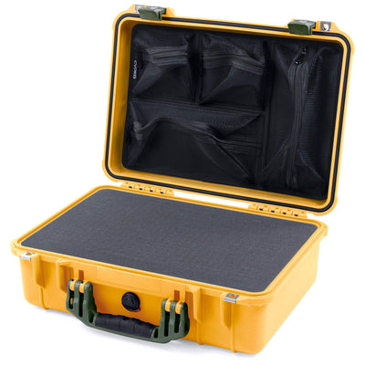 Pelican 1500 Case, Yellow with OD Green Handle & Latches Pick & Pluck Foam with Mesh Lid Organizer ColorCase 015000-0101-240-130