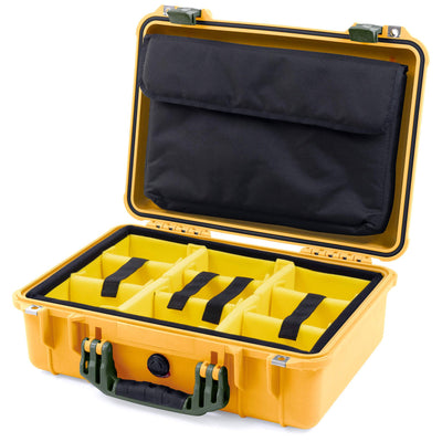 Pelican 1500 Case, Yellow with OD Green Handle & Latches Yellow Padded Microfiber Dividers with Computer Pouch ColorCase 015000-0210-240-130