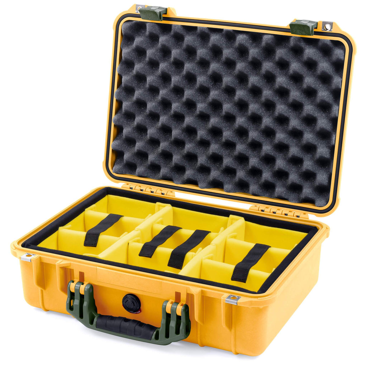 Pelican 1500 Case, Yellow with OD Green Handle &amp; Latches Yellow Padded Microfiber Dividers with Convolute Lid Foam ColorCase 015000-0010-240-130