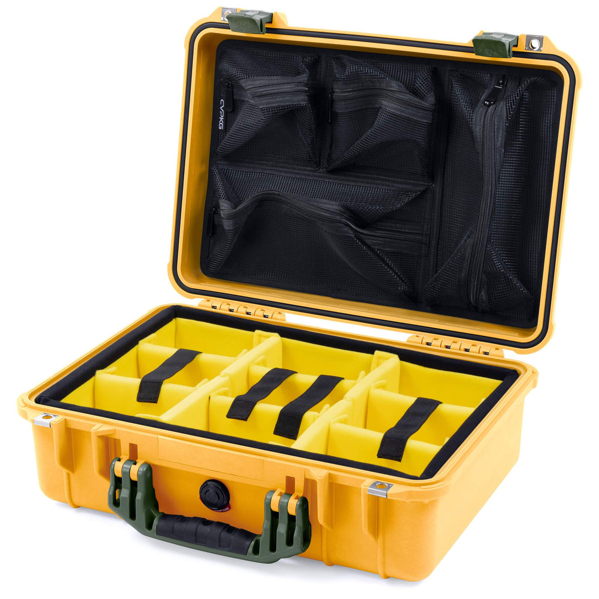 Pelican 1500 Case, Yellow with OD Green Handle &amp; Latches Yellow Padded Microfiber Dividers with Mesh Lid Organizer ColorCase 015000-0110-240-130
