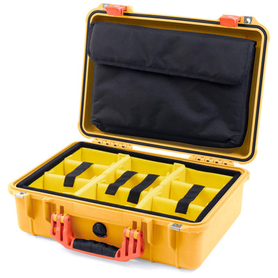Pelican 1500 Case, Yellow with Orange Handle & Latches Yellow Padded Microfiber Dividers with Computer Pouch ColorCase 015000-0210-240-150