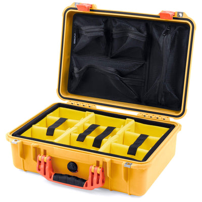 Pelican 1500 Case, Yellow with Orange Handle & Latches Yellow Padded Microfiber Dividers with Mesh Lid Organizer ColorCase 015000-0110-240-150