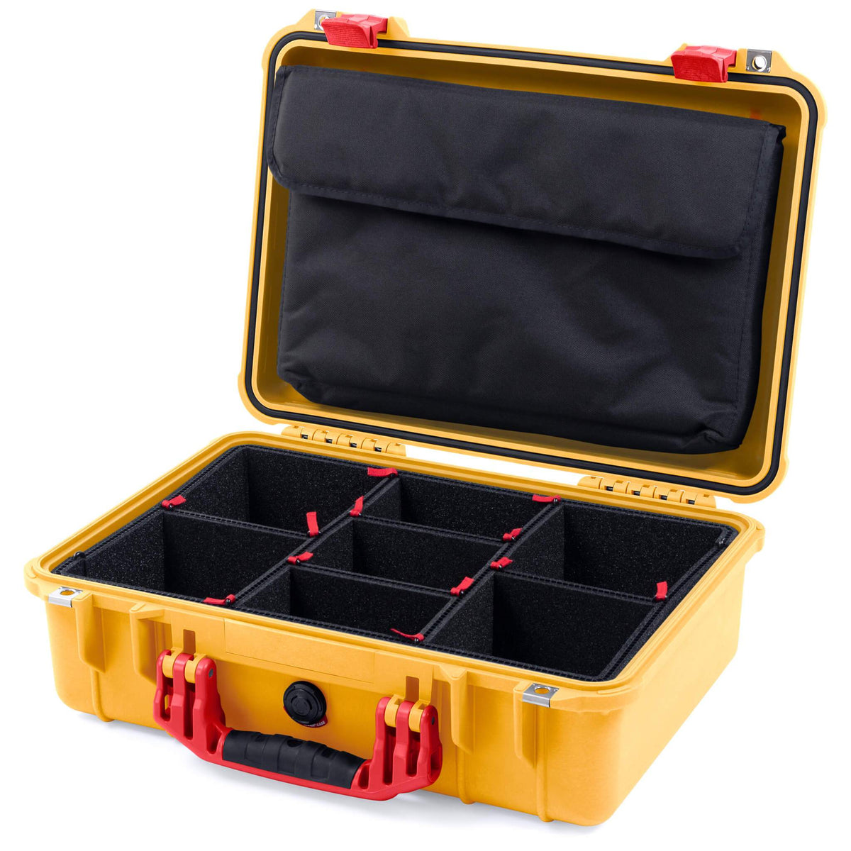 Pelican 1500 Case, Yellow with Red Handle &amp; Latches TrekPak Divider System with Computer Pouch ColorCase 015000-0220-240-320