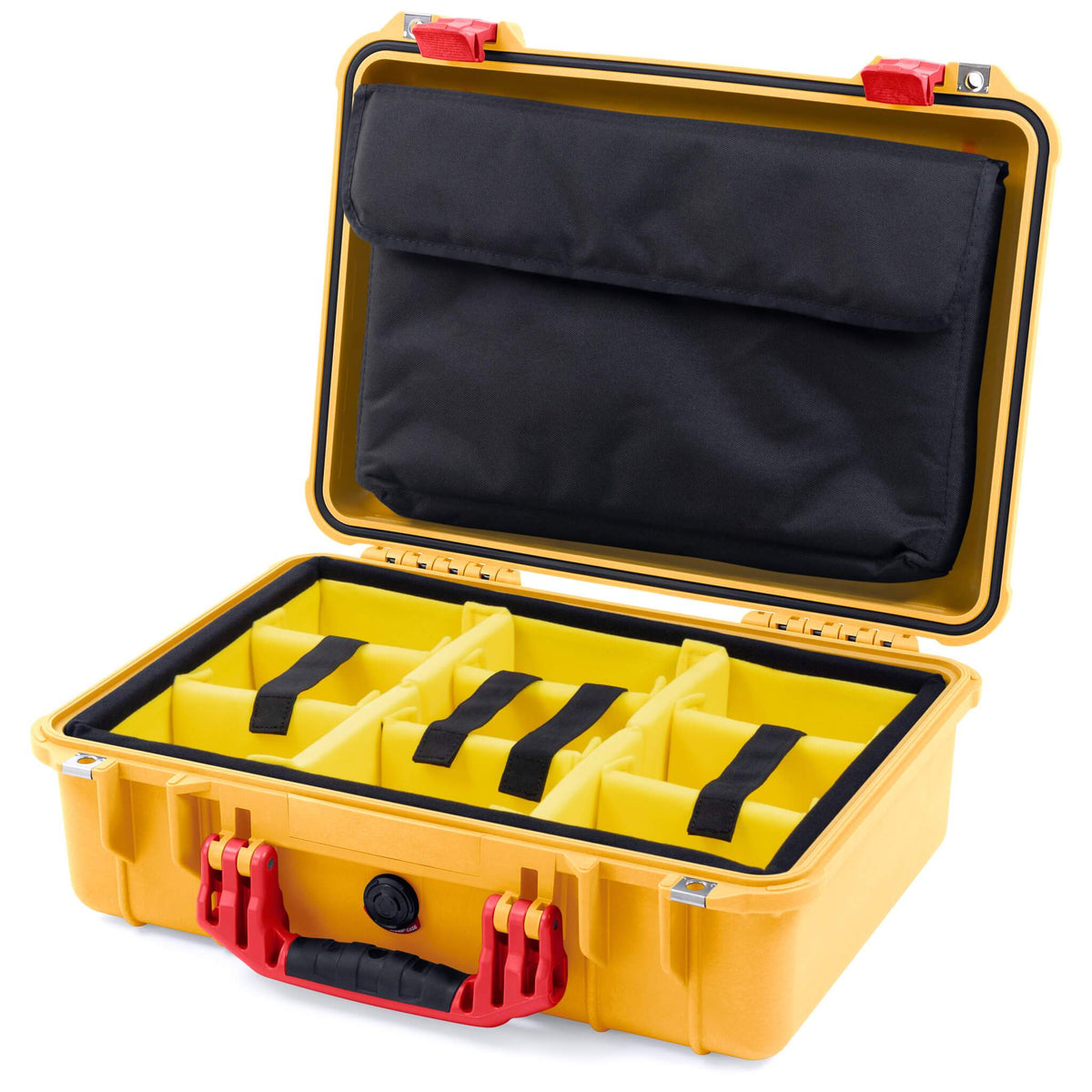 Pelican 1500 Case, Yellow with Red Handle &amp; Latches Yellow Padded Microfiber Dividers with Computer Pouch ColorCase 015000-0210-240-320