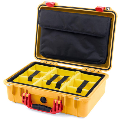 Pelican 1500 Case, Yellow with Red Handle & Latches Yellow Padded Microfiber Dividers with Computer Pouch ColorCase 015000-0210-240-320