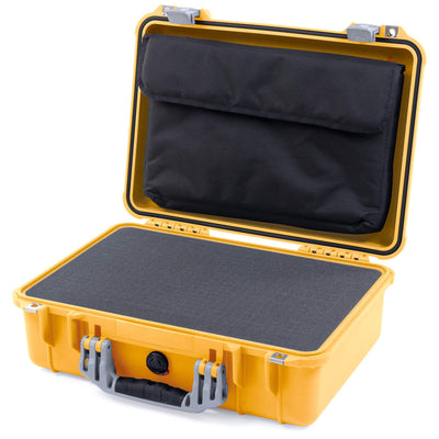 Pelican 1500 Case, Yellow with Silver Handle & Latches Pick & Pluck Foam with Computer Pouch ColorCase 015000-0201-240-180