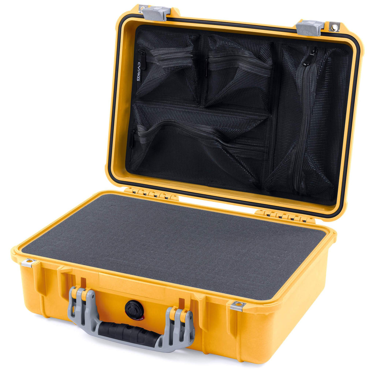 Pelican 1500 Case, Yellow with Silver Handle &amp; Latches Pick &amp; Pluck Foam with Mesh Lid Organizer ColorCase 015000-0101-240-180