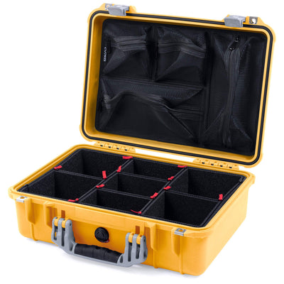 Pelican 1500 Case, Yellow with Silver Handle & Latches TrekPak Divider System with Mesh Lid Organizer ColorCase 015000-0120-240-180