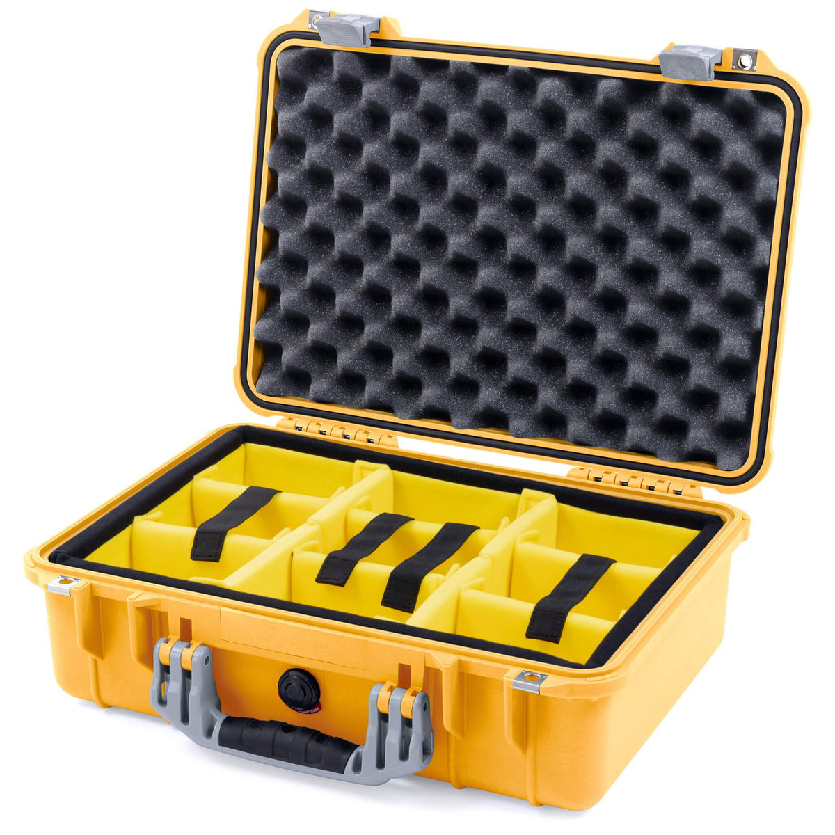 Pelican 1500 Case, Yellow with Silver Handle &amp; Latches Yellow Padded Microfiber Dividers with Convolute Lid Foam ColorCase 015000-0010-240-180