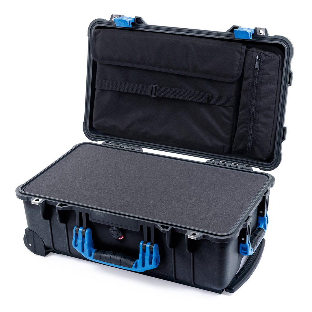 Pelican 1510 Case, Black with Blue Handles &amp; Latches Pick &amp; Pluck Foam with Computer Pouch ColorCase 015100-0201-110-120