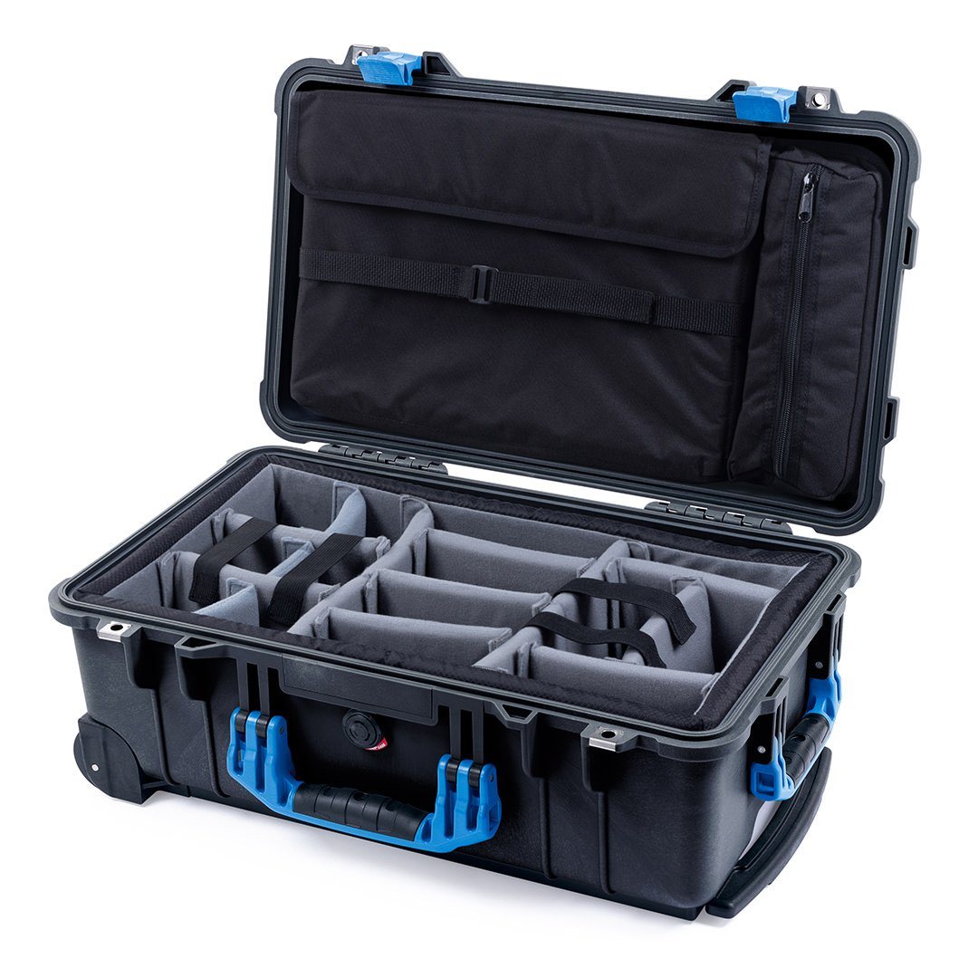 Pelican 1510 Case, Black with Blue Handles &amp; Latches Gray Padded Microfiber Dividers with Computer Pouch ColorCase 015100-0270-110-120