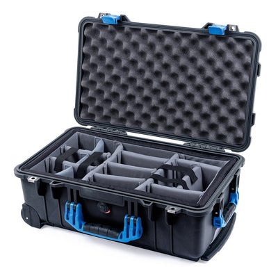 Pelican 1510 Case, Black with Blue Handles & Latches Gray Padded Microfiber Dividers with Convolute Lid Foam ColorCase 015100-0070-110-120