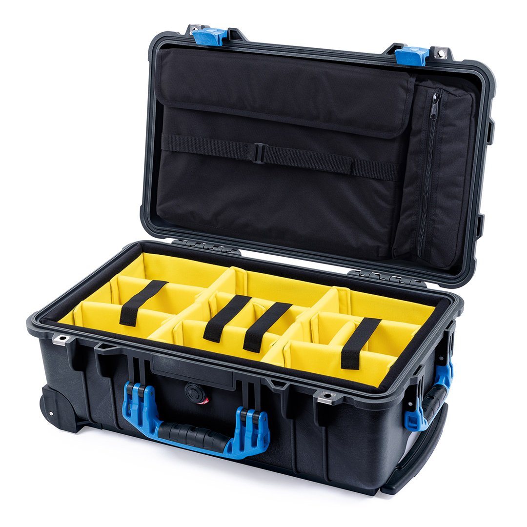 Pelican 1510 Case, Black with Blue Handles &amp; Latches Yellow Padded Microfiber Dividers with Computer Pouch ColorCase 015100-0210-110-120