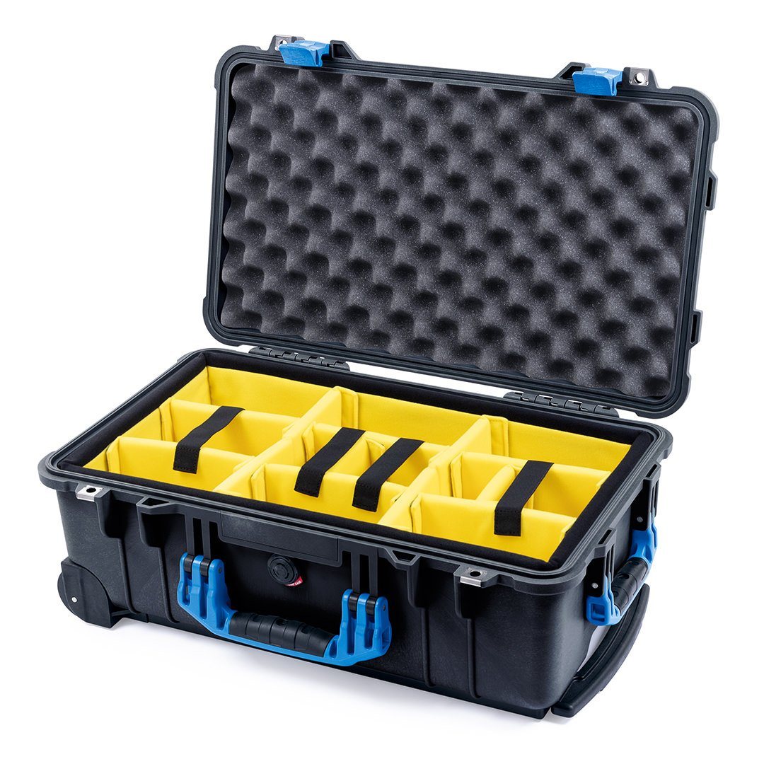 Pelican 1510 Case, Black with Blue Handles &amp; Latches Yellow Padded Microfiber Dividers with Convolute Lid Foam ColorCase 015100-0010-110-120