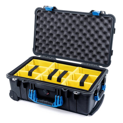 Pelican 1510 Case, Black with Blue Handles & Latches Yellow Padded Microfiber Dividers with Convolute Lid Foam ColorCase 015100-0010-110-120