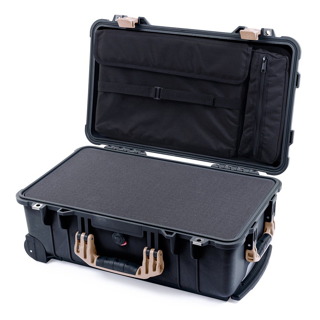 Pelican 1510 Case, Black with Desert Tan Handles &amp; Latches Pick &amp; Pluck Foam with Computer Pouch ColorCase 015100-0201-110-310