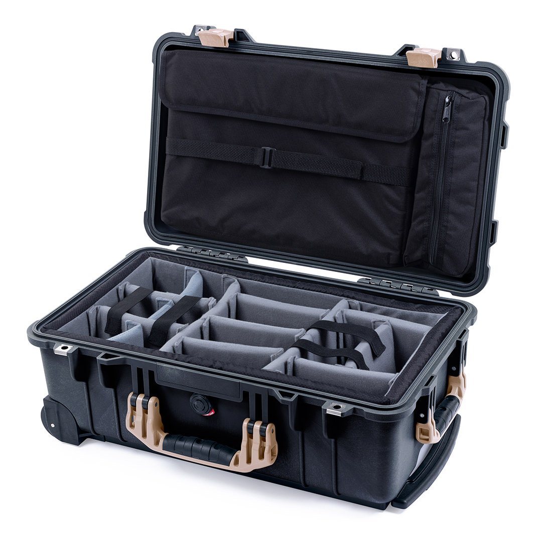 Pelican 1510 Case, Black with Desert Tan Handles &amp; Latches Gray Padded Microfiber Dividers with Computer Pouch ColorCase 015100-0270-110-310