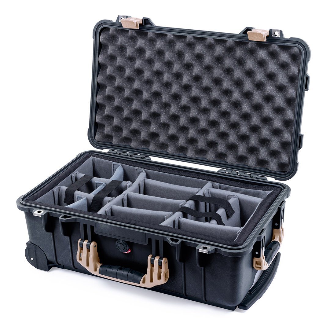 Pelican 1510 Case, Black with Desert Tan Handles &amp; Latches Gray Padded Microfiber Dividers with Convolute Lid Foam ColorCase 015100-0070-110-310
