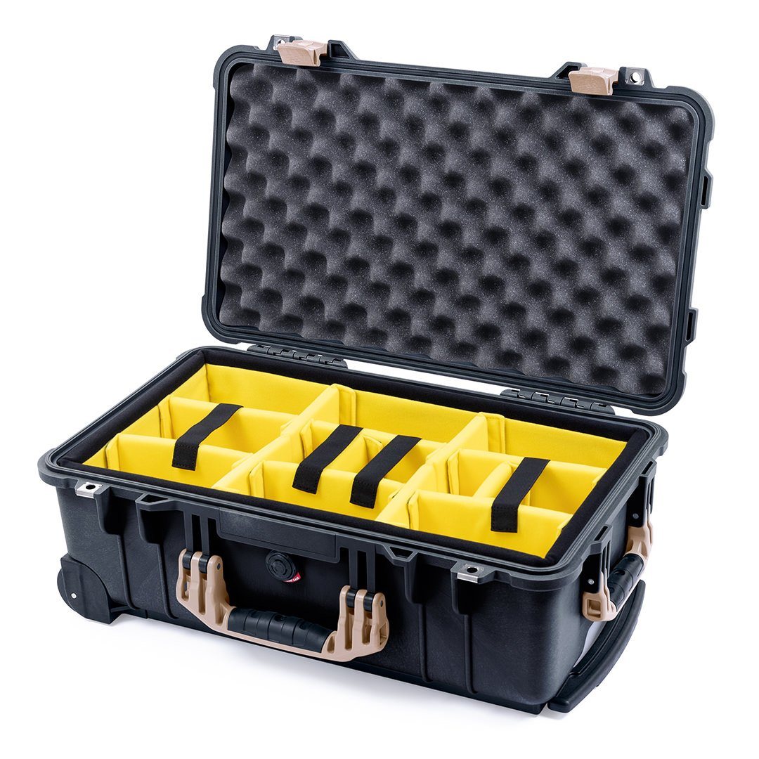 Pelican 1510 Case, Black with Desert Tan Handles &amp; Latches Yellow Padded Microfiber Dividers with Convolute Lid Foam ColorCase 015100-0010-110-310