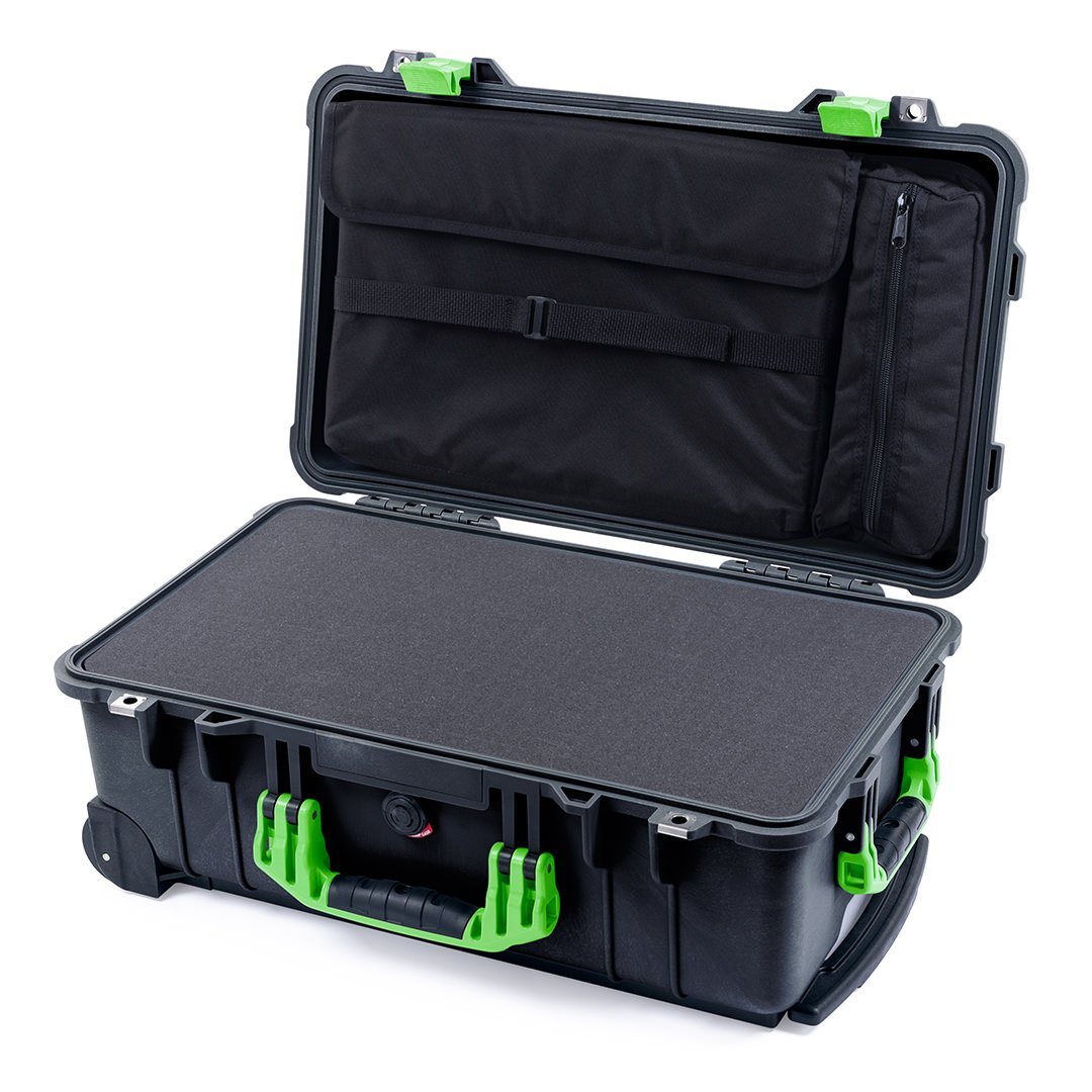 Pelican 1510 Case, Black with Lime Green Handles &amp; Latches Pick &amp; Pluck Foam with Computer Pouch ColorCase 015100-0201-110-300