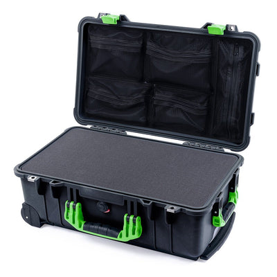 Pelican 1510 Case, Black with Lime Green Handles & Latches Pick & Pluck Foam with Mesh Lid Organizer ColorCase 015100-0101-110-300