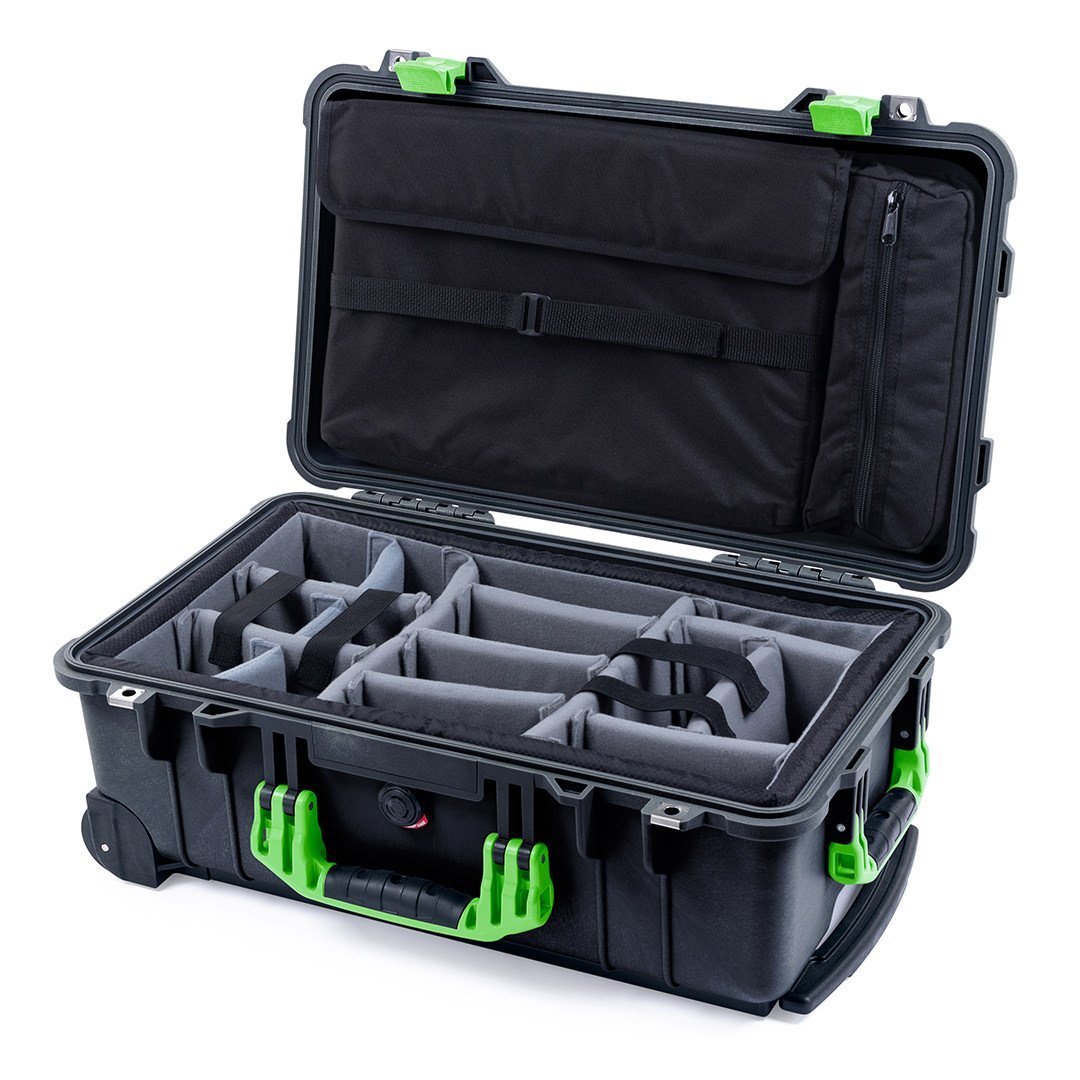 Pelican 1510 Case, Black with Lime Green Handles &amp; Latches Gray Padded Microfiber Dividers with Computer Pouch ColorCase 015100-0270-110-300