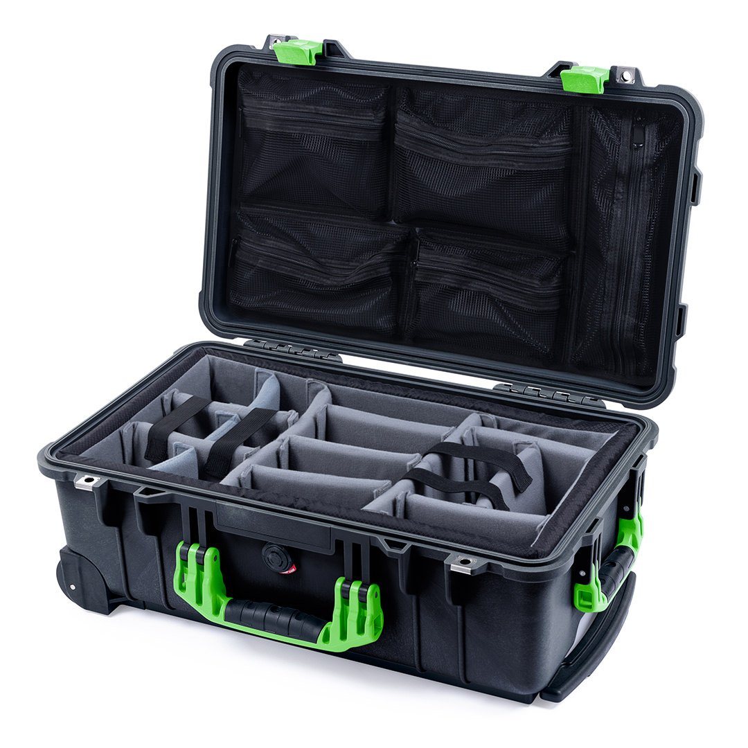 Pelican 1510 Case, Black with Lime Green Handles &amp; Latches Gray Padded Microfiber Dividers with Mesh Lid Organizer ColorCase 015100-0170-110-300