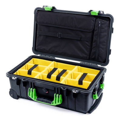 Pelican 1510 Case, Black with Lime Green Handles & Latches Yellow Padded Microfiber Dividers with Computer Pouch ColorCase 015100-0210-110-300