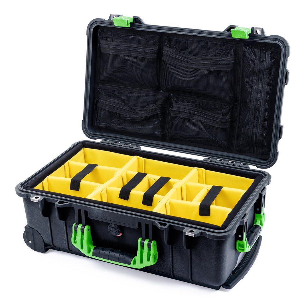 Pelican 1510 Case, Black with Lime Green Handles &amp; Latches Yellow Padded Microfiber Dividers with Mesh Lid Organizer ColorCase 015100-0110-110-300