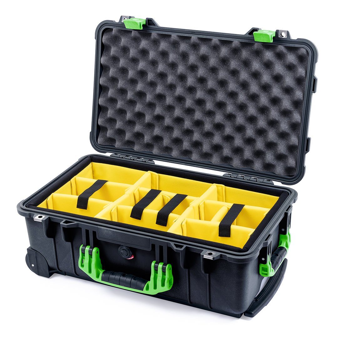 Pelican 1510 Case, Black with Lime Green Handles &amp; Latches Yellow Padded Microfiber Dividers with Convolute Lid Foam ColorCase 015100-0010-110-300