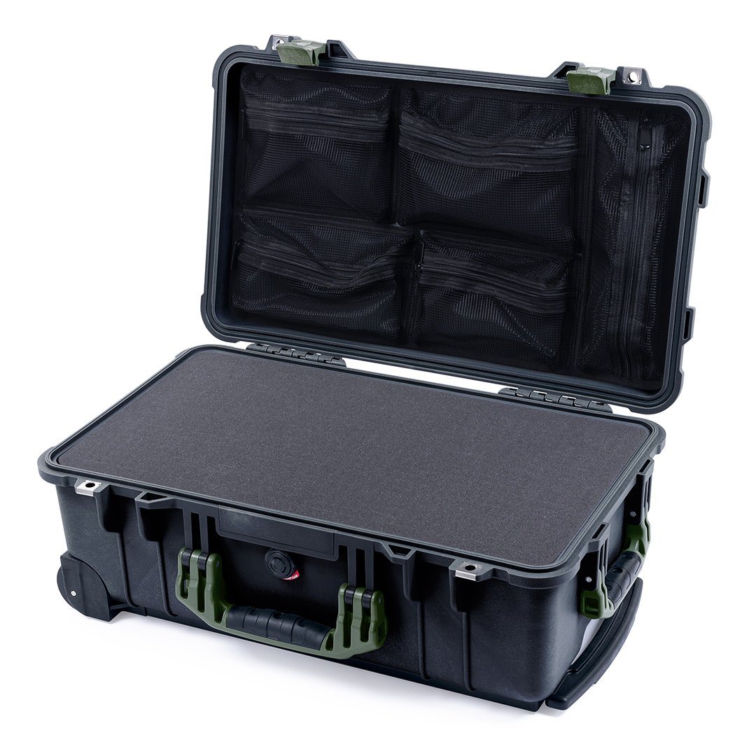 Pelican 1510 Case, Black with OD Green Handles &amp; Latches Pick &amp; Pluck Foam with Mesh Lid Organizer ColorCase 015100-0101-110-130