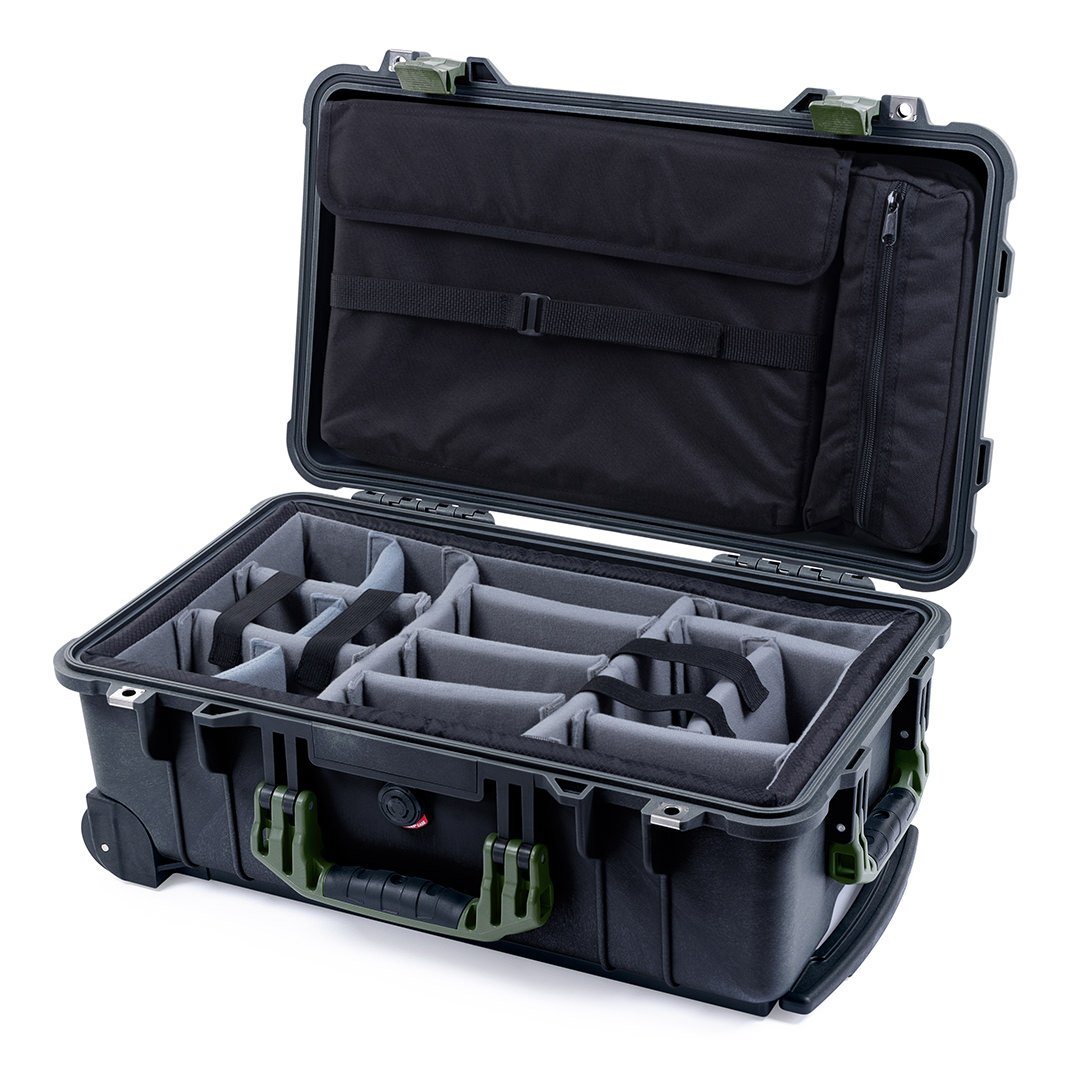Pelican 1510 Case, Black with OD Green Handles &amp; Latches Gray Padded Microfiber Dividers with Computer Pouch ColorCase 015100-0270-110-130