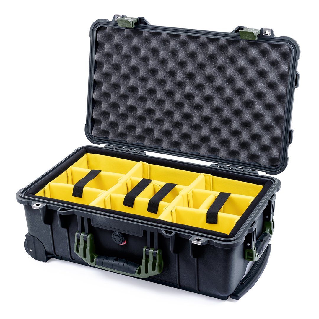 Pelican 1510 Case, Black with OD Green Handles &amp; Latches Yellow Padded Microfiber Dividers with Convolute Lid Foam ColorCase 015100-0010-110-130
