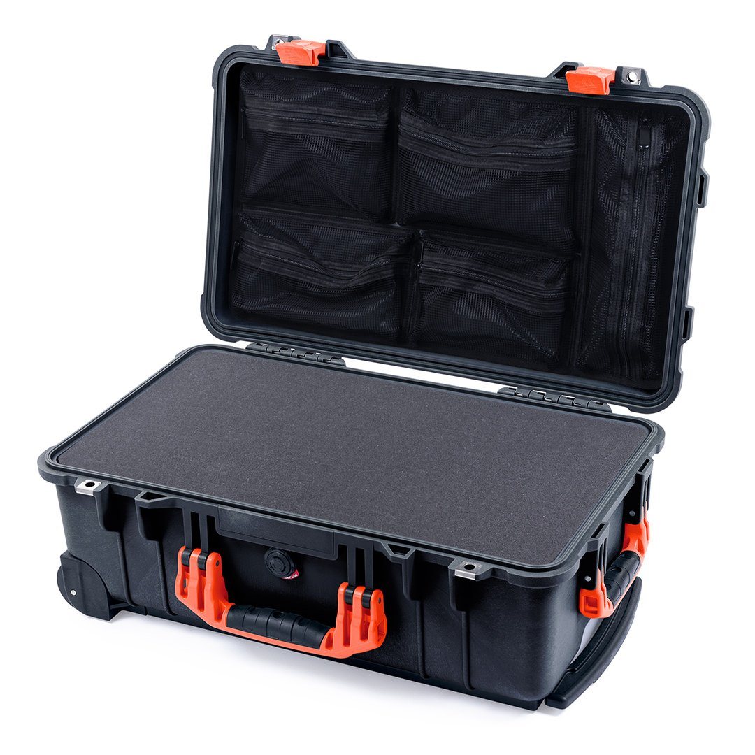 Pelican 1510 Case, Black with Orange Handles &amp; Latches Pick &amp; Pluck Foam with Mesh Lid Organizer ColorCase 015100-0101-110-150