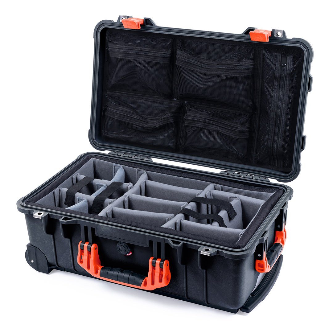 Pelican 1510 Case, Black with Orange Handles &amp; Latches Gray Padded Microfiber Dividers with Mesh Lid Organizer ColorCase 015100-0170-110-150
